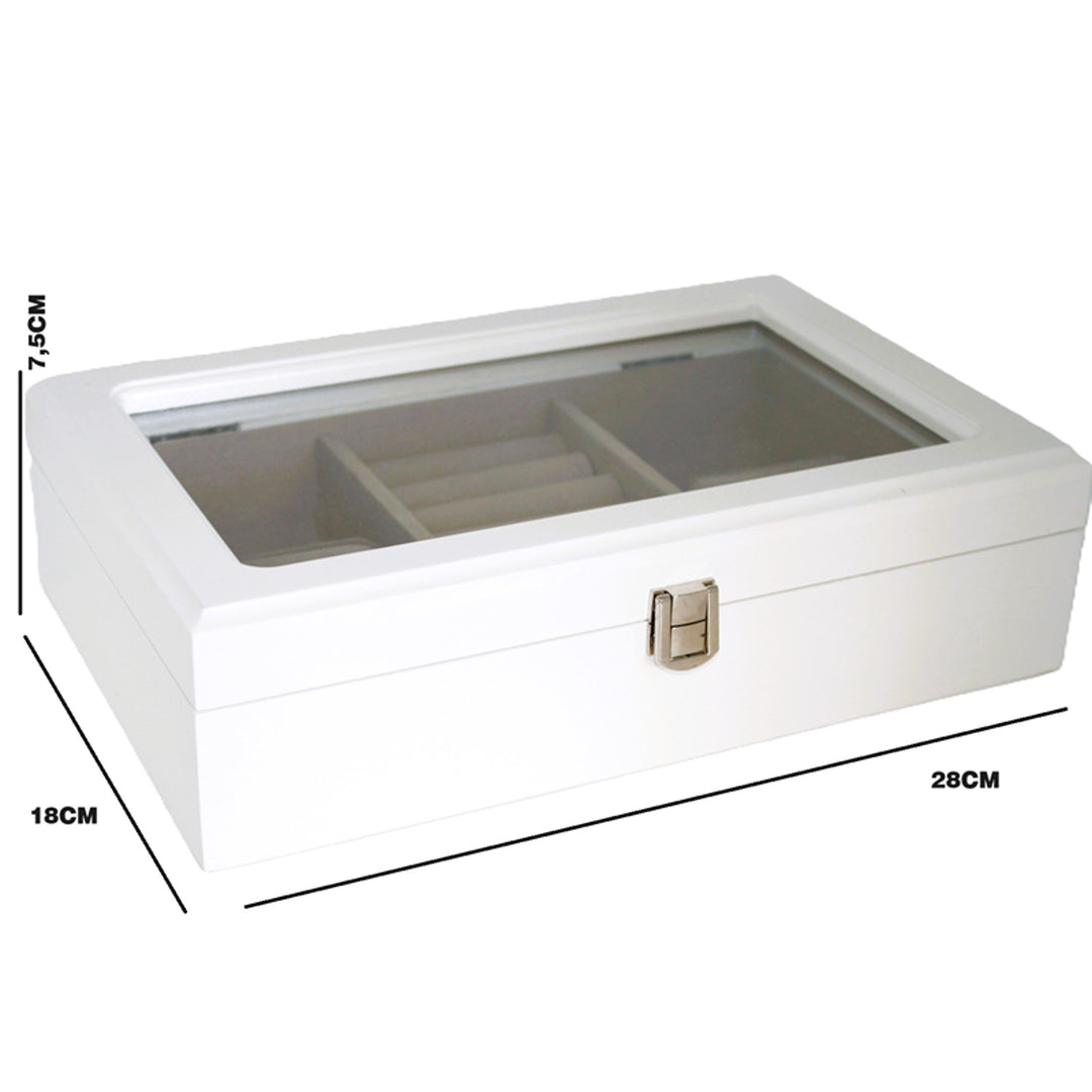 Portagioie, legno, bianco, organizer, scomparti, coperchio in vetro, Queen Isabel