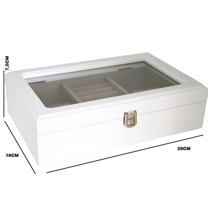Portagioie, legno, bianco, organizer, scomparti, coperchio in vetro, Queen Isabel