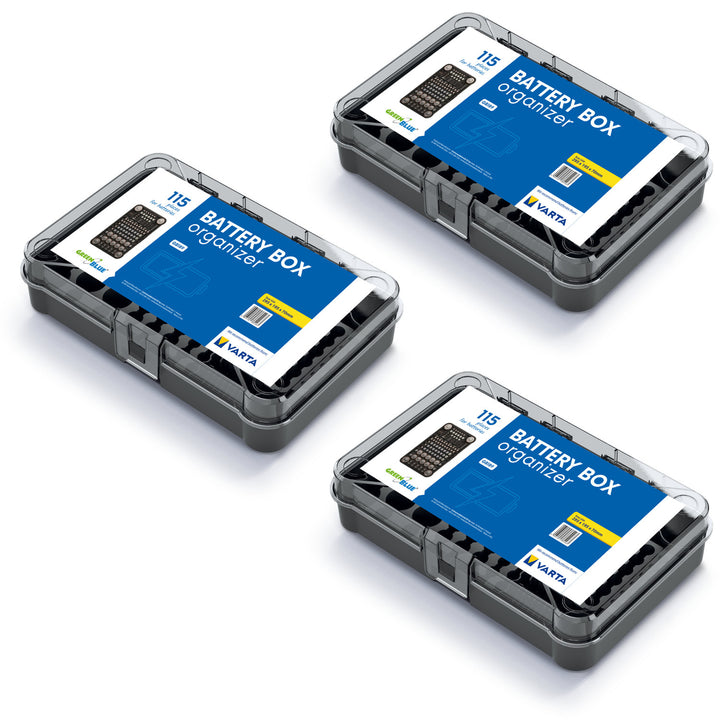 Organizzatore di batterie GreenBlue, coperchio trasparente, 115 spazi, Varta Box GB189, 3 pezzi