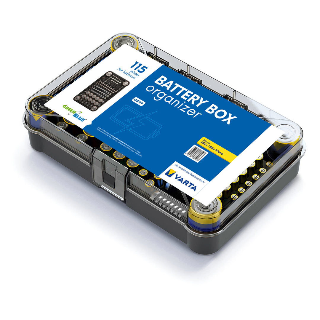 Organizzatore di batterie GreenBlue, coperchio trasparente, 115 spazi, Varta Box GB189, 5 pezzi