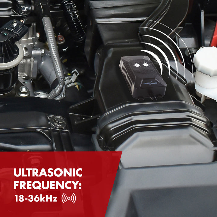 GreenBlue GB725 dissuasore per roditori e martore con ultrasuoni e LED + 4x batterie AA Varta Industrial