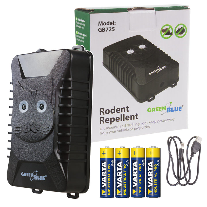 GreenBlue GB725 dissuasore per roditori e martore con ultrasuoni e LED + 4x batterie AA Varta Industrial