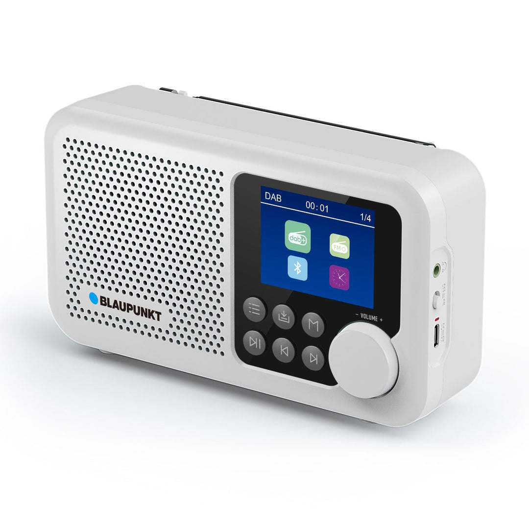 Radio portatile Blaupunkt, radio digitale DAB+ e sintonizzatore FM, Bluetooth, uscita cuffie, display a colori da 2,4 pollici, funzione orologio e sveglia, alimentata a batteria e ricaricabile tramite USB-C, DR8WH