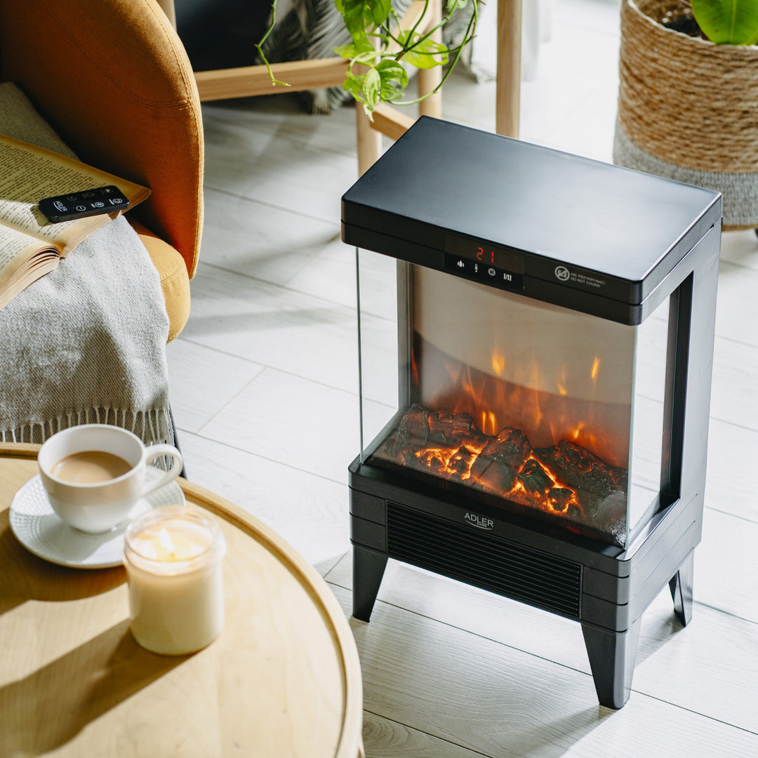 Caminetto elettrico a LED con telecomando, 2 potenze di riscaldamento 1000W/2000W, termostato, Adler AD 7755