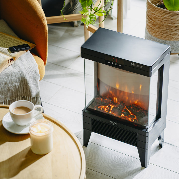 Caminetto elettrico a LED con telecomando, 2 potenze di riscaldamento 1000W/2000W, termostato, Adler AD 7755