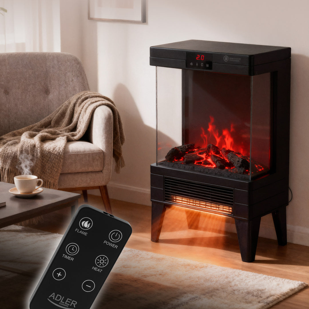 Caminetto elettrico a LED con telecomando, 2 potenze di riscaldamento 1000W/2000W, termostato, Adler AD 7755