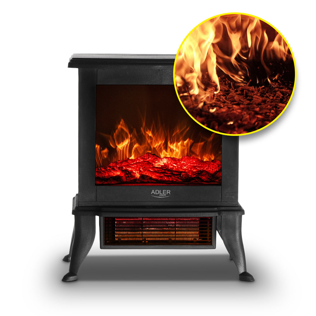 Caminetto elettrico Adler, 2 livelli di riscaldamento, potenza massima 1800W, termostato, effetto fiamma 3D, AD 7754
