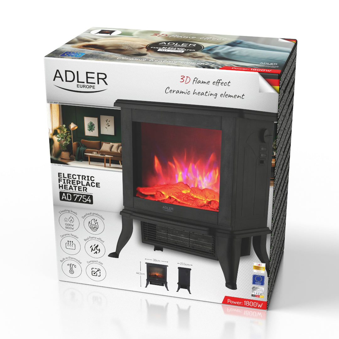 Caminetto elettrico Adler, 2 livelli di riscaldamento, potenza massima 1800W, termostato, effetto fiamma 3D, AD 7754
