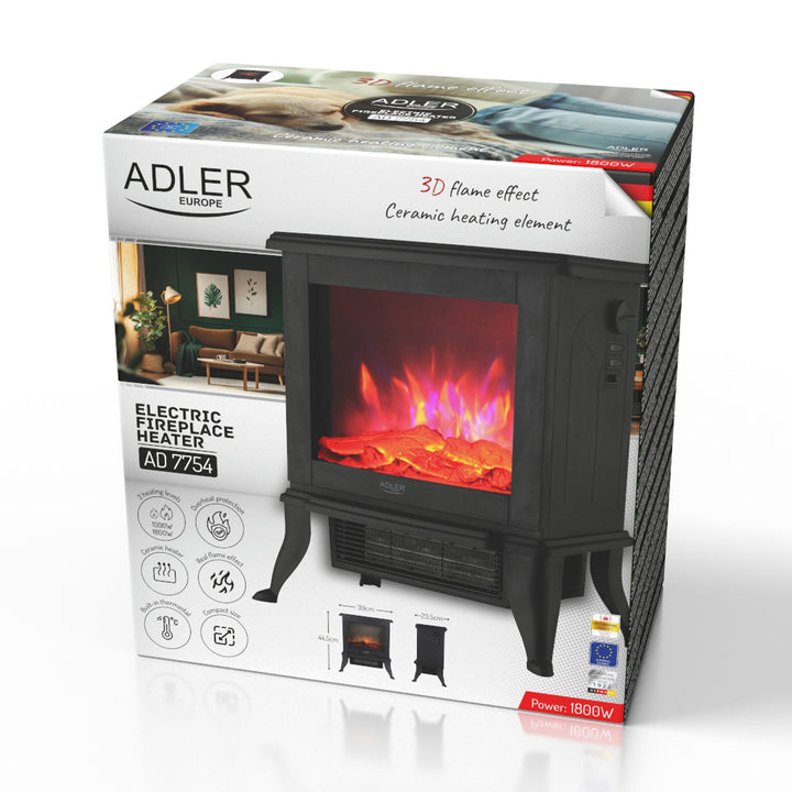 Caminetto elettrico Adler, 2 livelli di riscaldamento, potenza massima 1800W, termostato, effetto fiamma 3D, AD 7754