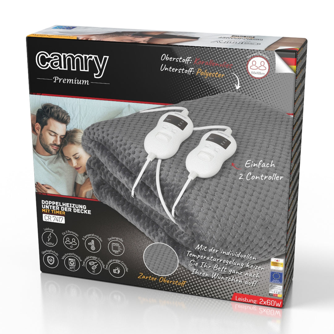 Coperta elettrica Camry, per 2 persone, dimensioni 150x160cm, 8 livelli di riscaldamento, potenza 2 x 60W, grigio, CR 7417