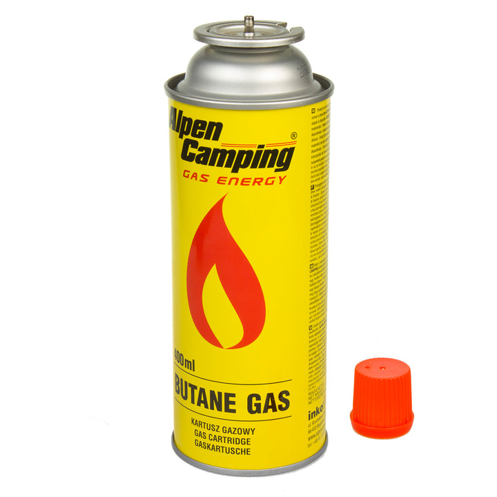 Cartuccia di gas 400ml Alpen Camping. Certificato: Pi 0875, conforme a EN417, isobutano, intervallo di funzionamento da -10°C a + 40°C, IK004, 3 pezzi.