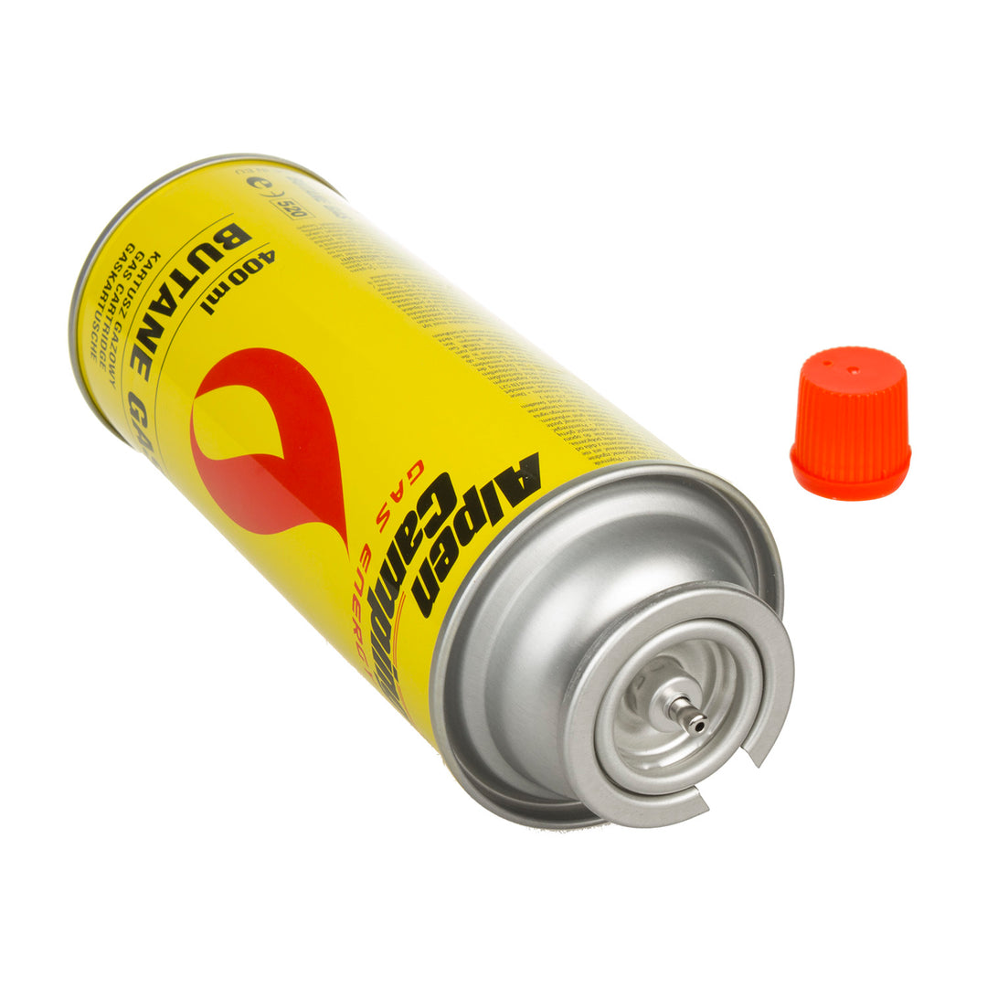 Cartuccia di gas 400ml Alpen Camping. Certificato: Pi 0875, conforme a EN417, isobutano, intervallo di funzionamento da -10°C a + 40°C, IK004, 3 pezzi.