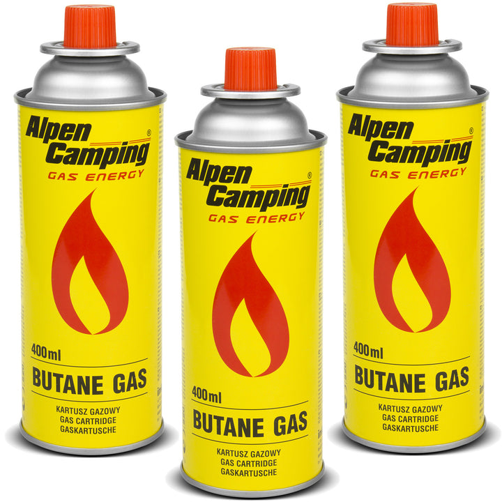 Cartuccia di gas 400ml Alpen Camping. Certificato: Pi 0875, conforme a EN417, isobutano, intervallo di funzionamento da -10°C a + 40°C, IK004, 3 pezzi.