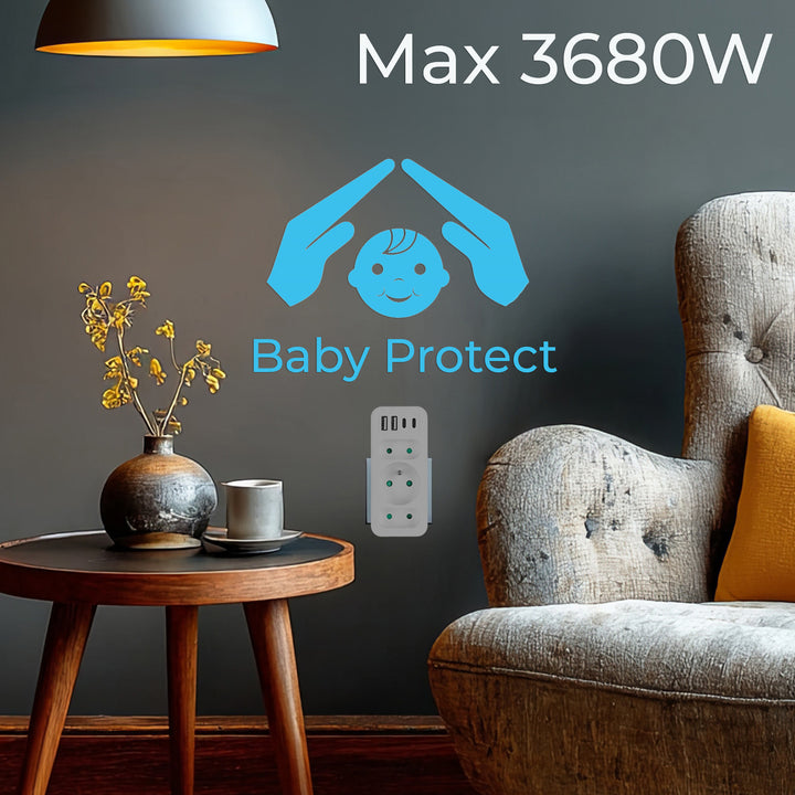 Presa di corrente x3 + 4xUSB Maclean, splitter a 3 prese, 2xUSB A, 2xUSB C PD 20W, 1x16A + 2x6A, MCE248 F/W, 2 pezzi