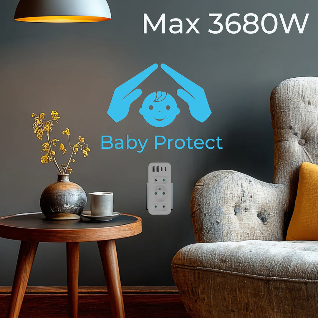 Presa di corrente x3 + 4xUSB Maclean, splitter a 3 prese, 2xUSB A, 2xUSB C PD 20W, 1x16A + 2x6A, MCE248 F/W, 3 pezzi