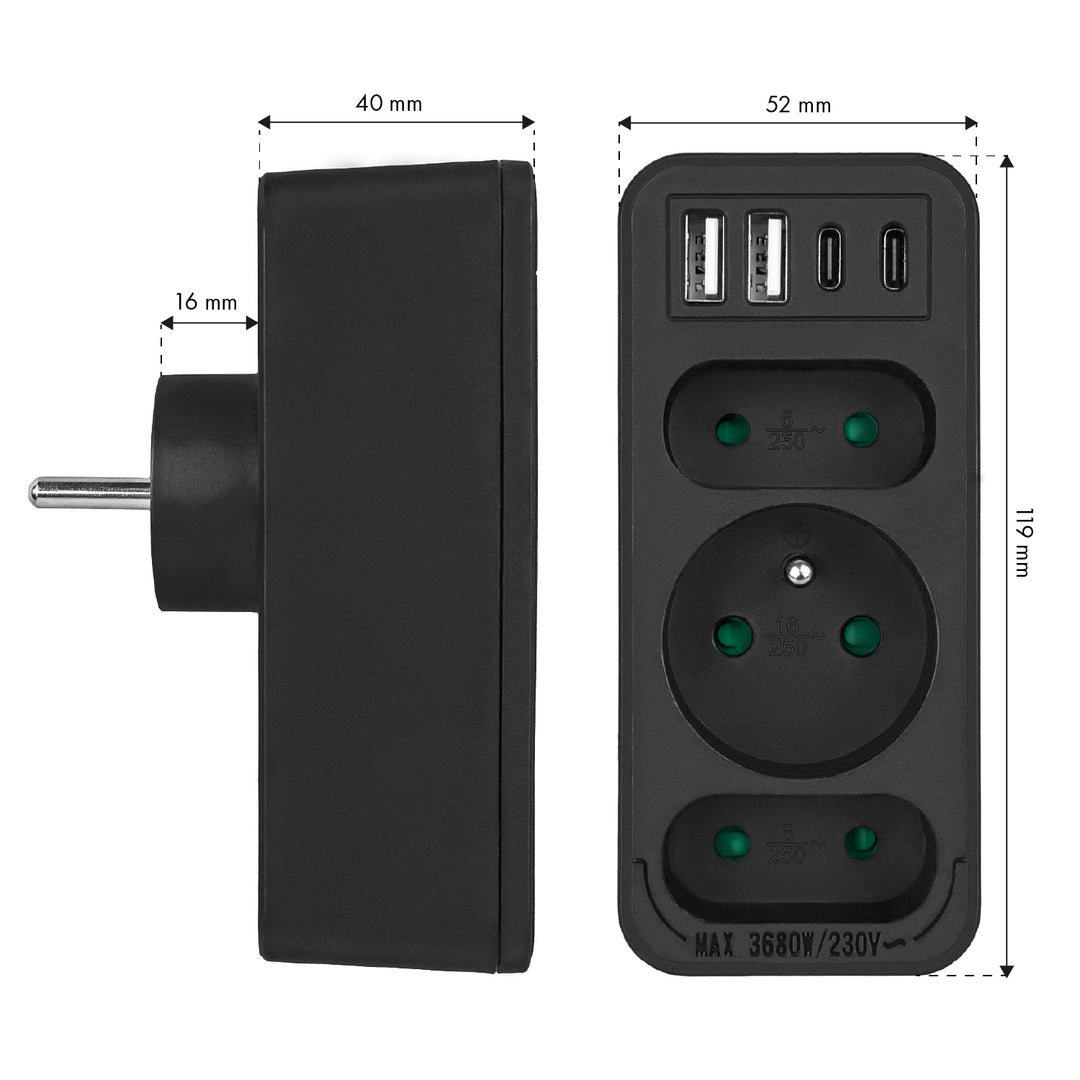 Presa di corrente x3 + 4xUSB Maclean, splitter a 3 prese, 2xUSB A, 2xUSB C PD 20W, 1x16A + 2x6A, MCE248 F/B, 3 pezzi