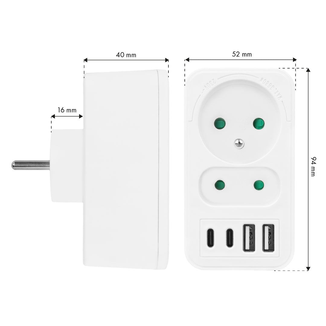 Presa di corrente Maclean x2 + 4xUSB, splitter con 2 prese, 2xUSB A, 2xUSB C PD 20W, 1x16A + 1x6A, MCE249 F/W, 2 pezzi