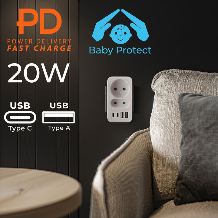 Presa di corrente Maclean x2 + 4xUSB, splitter con 2 prese, 2xUSB A, 2xUSB C PD 20W, 1x16A + 1x6A, MCE249 F/W, 2 pezzi