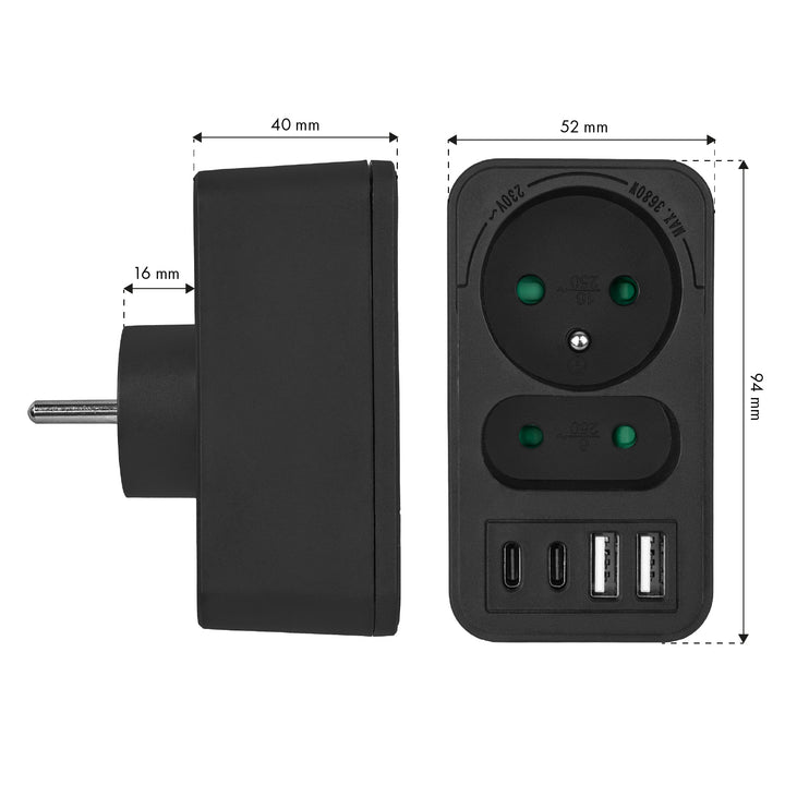 Presa di corrente Maclean x2 + 4xUSB, splitter con 2 prese, 2xUSB A, 2xUSB C PD 20W, 1x16A + 1x6A, MCE249 F/B, 3 pezzi