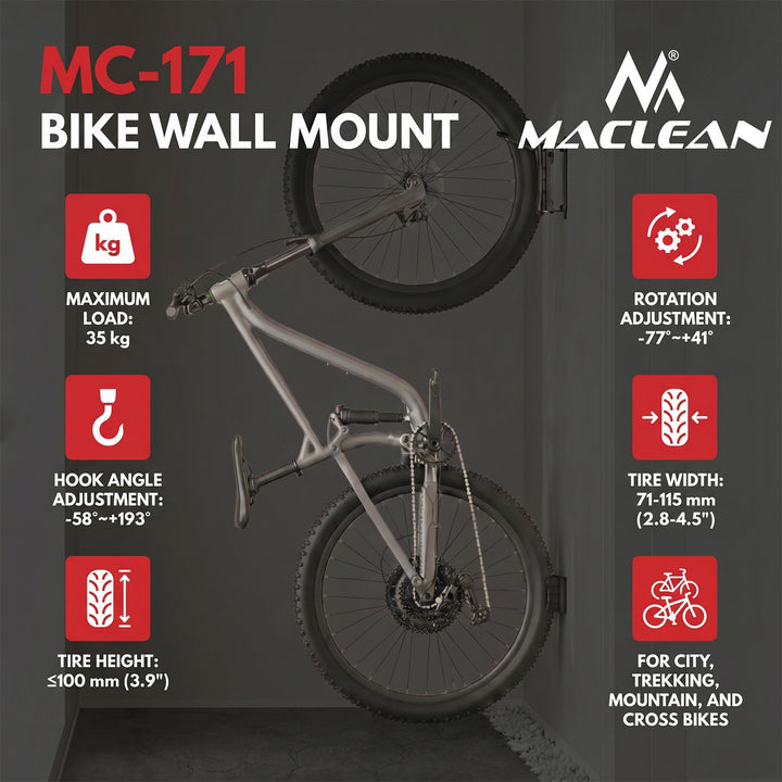 Portabiciclette da parete Maclean, carico massimo 35 kg, regolazione dell'angolo di inclinazione, acciaio, MC-171