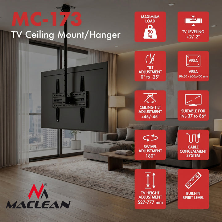 Supporto / gancio da soffitto per TV Maclean, carico massimo 50 kg, 37-86", VESA massimo 600x400, MC-173