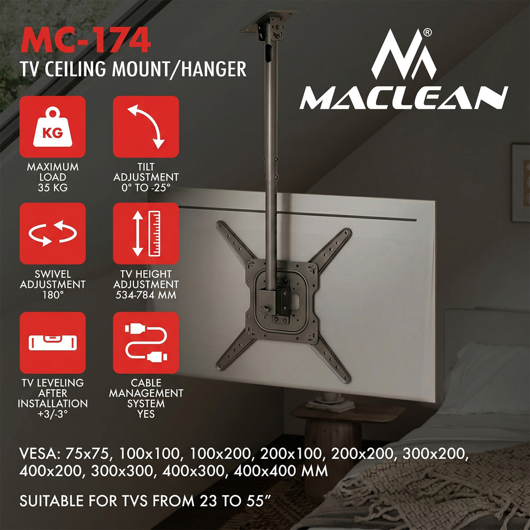 Supporto / gancio da soffitto per TV Maclean, carico massimo 35 kg, 23-55", VESA massimo 400x400, MC-174