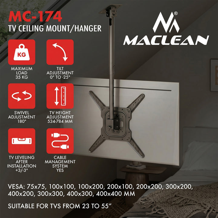 Supporto / gancio da soffitto per TV Maclean, carico massimo 35 kg, 23-55", VESA massimo 400x400, MC-174