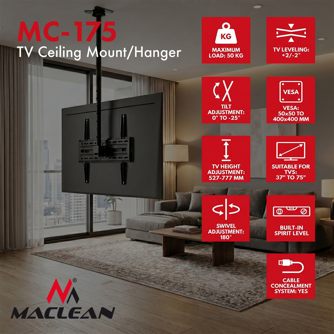 Supporto / gancio da soffitto per TV Maclean, carico massimo 50 kg, 37-75", VESA massimo 400x400, MC-175