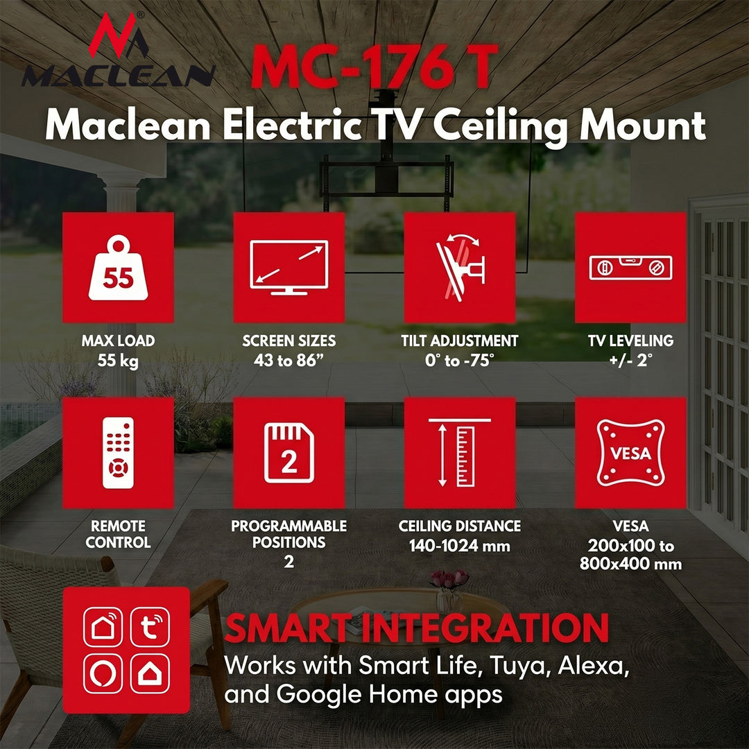Supporto elettrico per TV Maclean, a soffitto, compatibile con Tuya, VESA max. 800x400, per TV da 43 a 86", max. 55 kg, MC-176 T