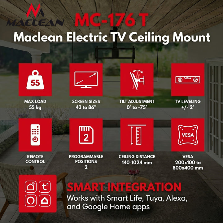 Supporto elettrico per TV Maclean, a soffitto, compatibile con Tuya, VESA max. 800x400, per TV da 43 a 86", max. 55 kg, MC-176 T