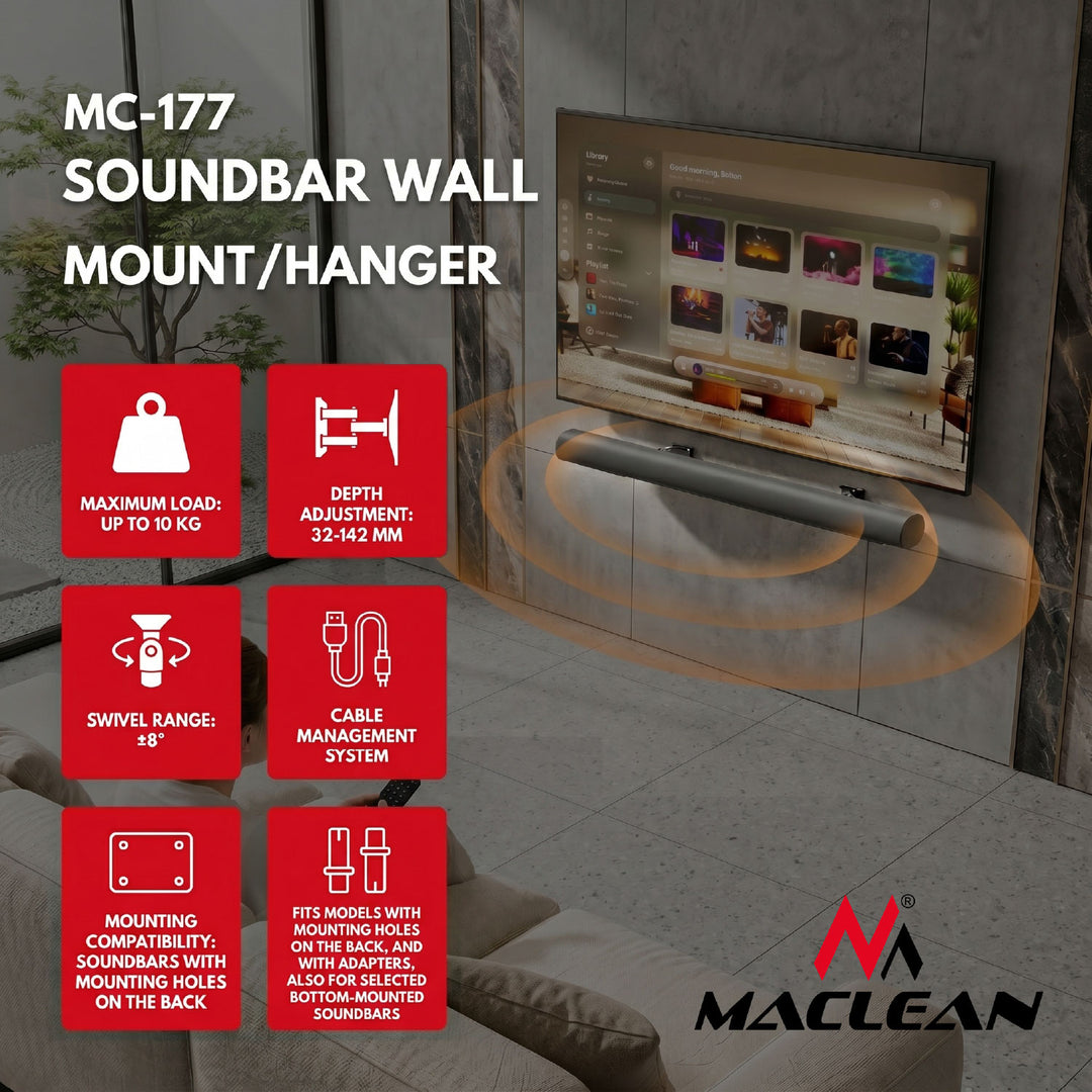 Supporto / gancio da parete per soundbar Maclean, regolazione dell'angolo da +8° a -8°, carico massimo 10 kg, in acciaio, MC-177