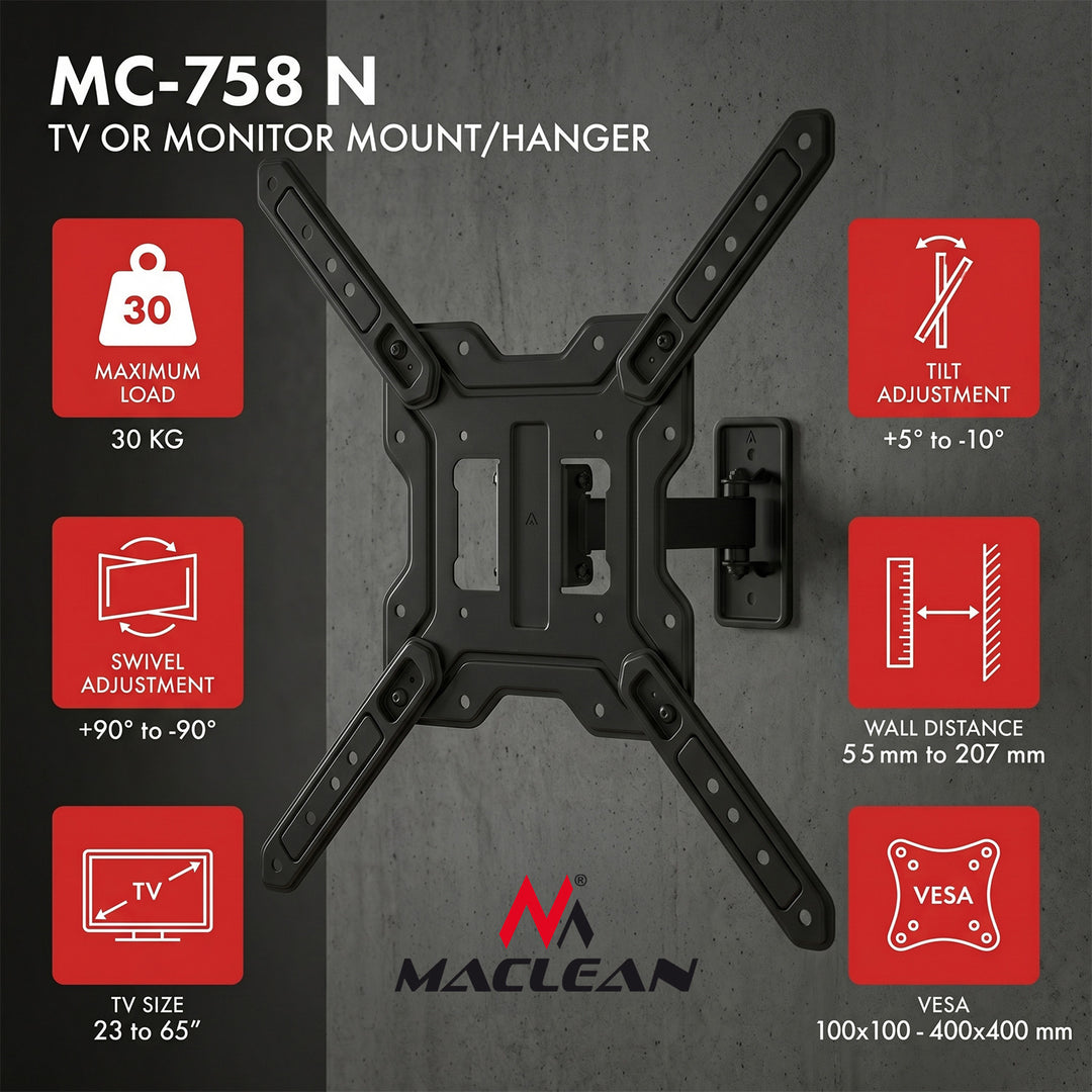 Supporto / gancio per TV o monitor Maclean, max. 23-65", carico massimo 30 kg, universale, VESA max. 400x400, MC-758 N