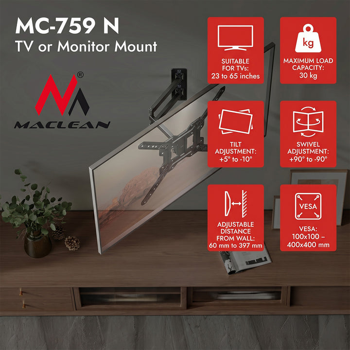 Supporto / gancio per TV o monitor Maclean, max. 23-65", carico massimo 30 kg, universale, VESA max. 400x400, MC-759 N