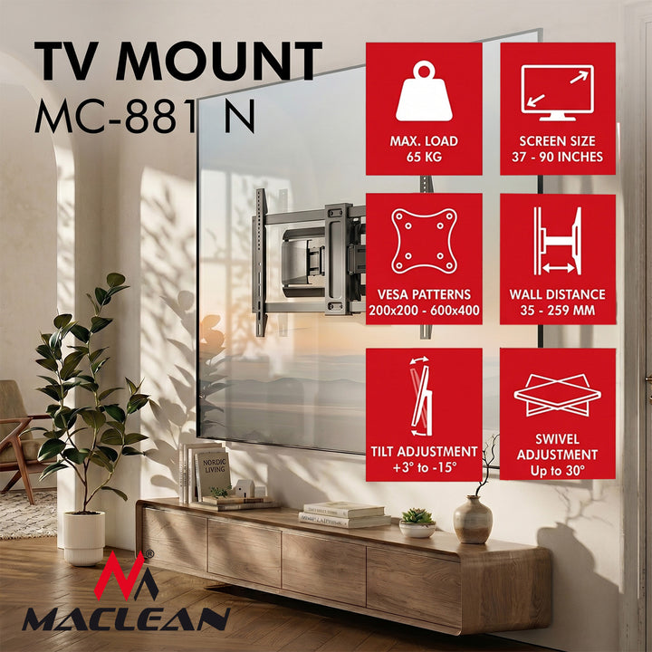Supporto / gancio per TV Maclean, VESA max. 600x400, 37-90", carico massimo 65 kg, nero, MC-881 N