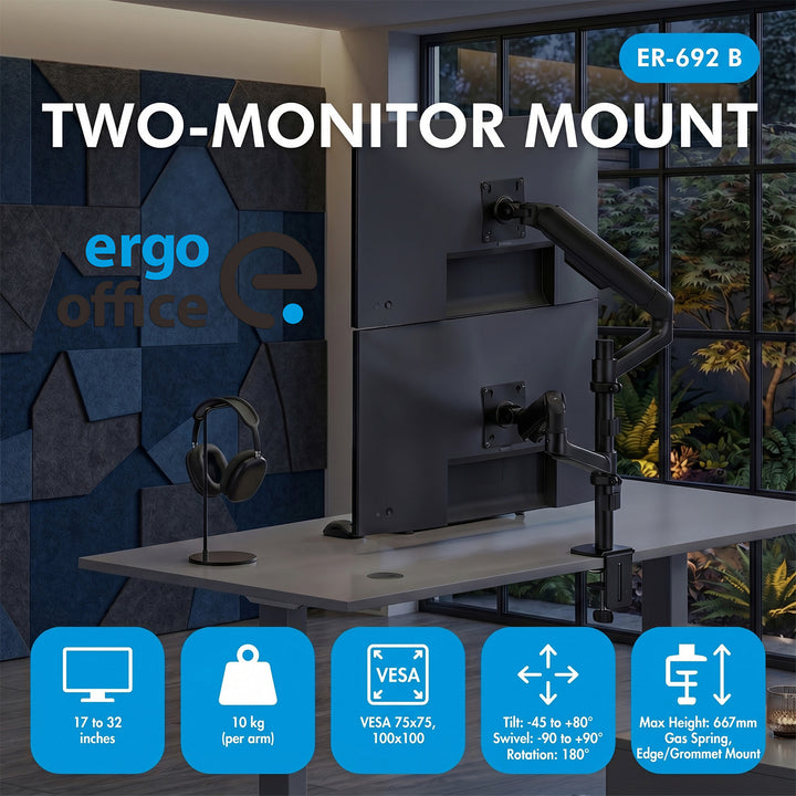 Supporto / gancio per 2 monitor Ergo Office, molla a gas, 17"-32", 1-10 kg, nero opaco, ER-692 B