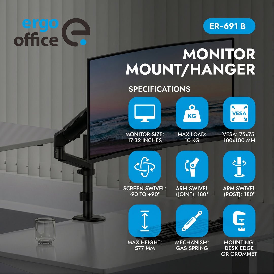 Supporto / gancio per monitor Ergo Office, molla a gas, 17"-32", 1-10 kg, nero opaco, VESA max. 100x100, ER-691 B