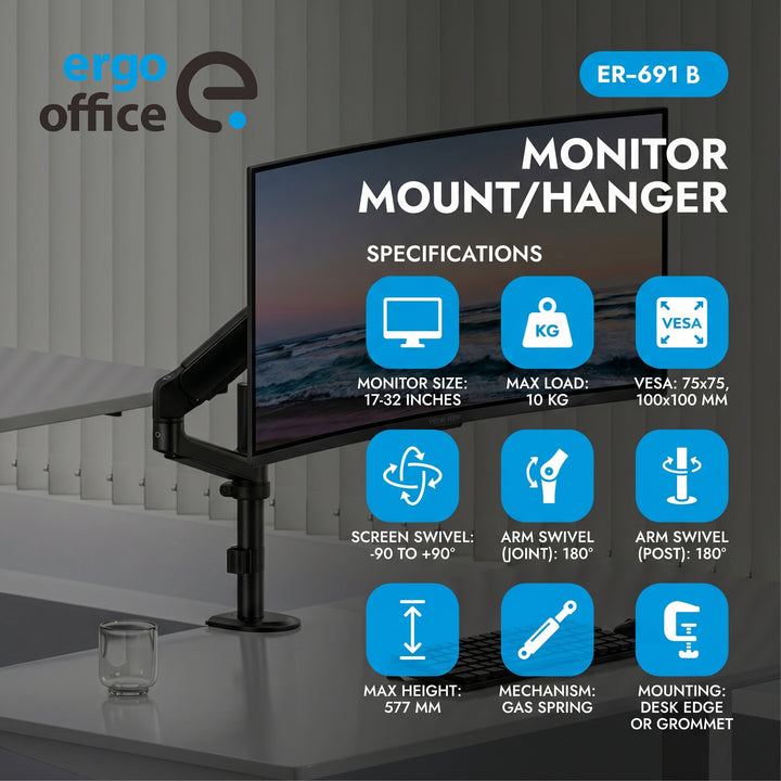 Supporto / gancio per monitor Ergo Office, molla a gas, 17"-32", 1-10 kg, nero opaco, VESA max. 100x100, ER-691 B