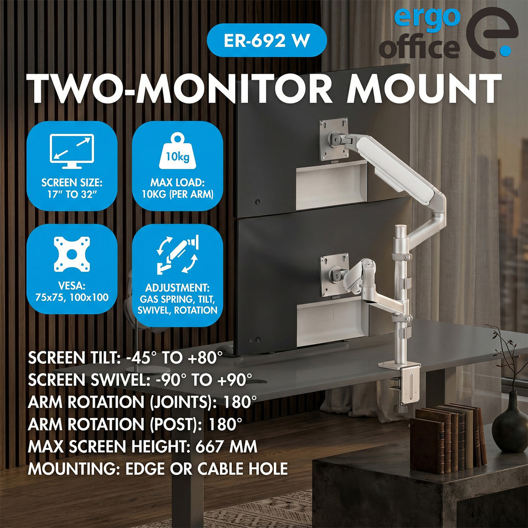 Supporto / gancio per 2 monitor Ergo Office, molla a gas, 17"-32", 1-10 kg, bianco opaco, ER-692 W