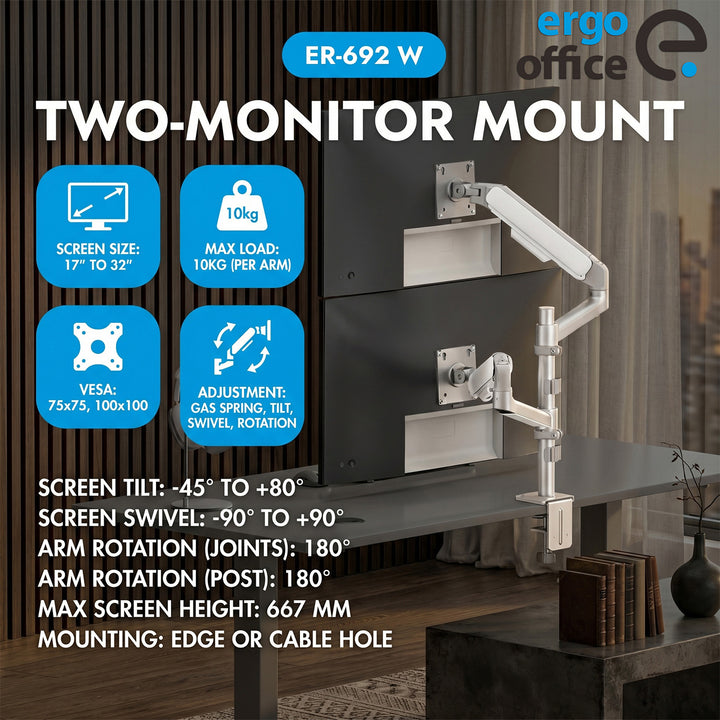 Supporto / gancio per 2 monitor Ergo Office, molla a gas, 17"-32", 1-10 kg, bianco opaco, ER-692 W