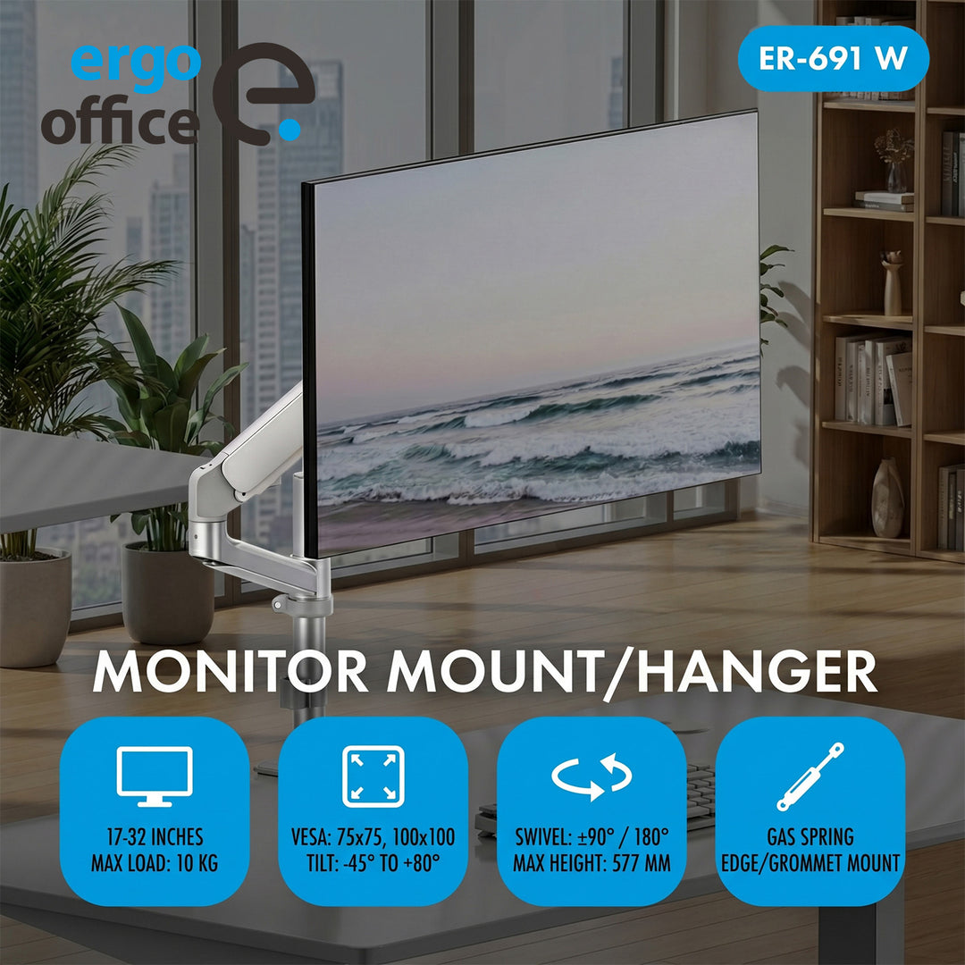 Supporto / gancio per monitor Ergo Office, molla a gas, 17"-32", 1-10 kg, bianco opaco, VESA max. 100x100, ER-691 W