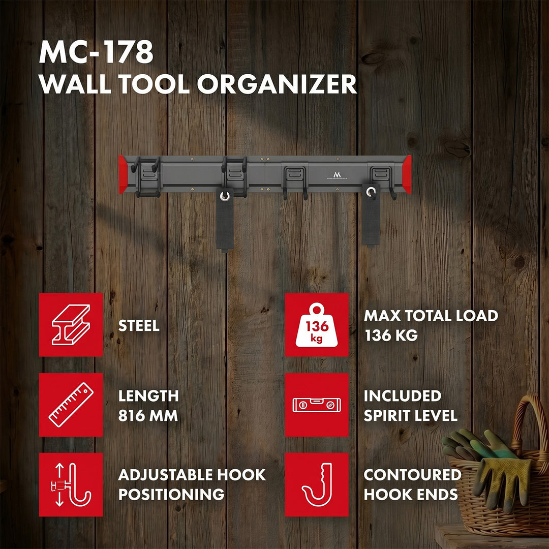 Organizer da parete per attrezzi Maclean, in acciaio, carico massimo 136 kg, larghezza 816 mm, MC-178