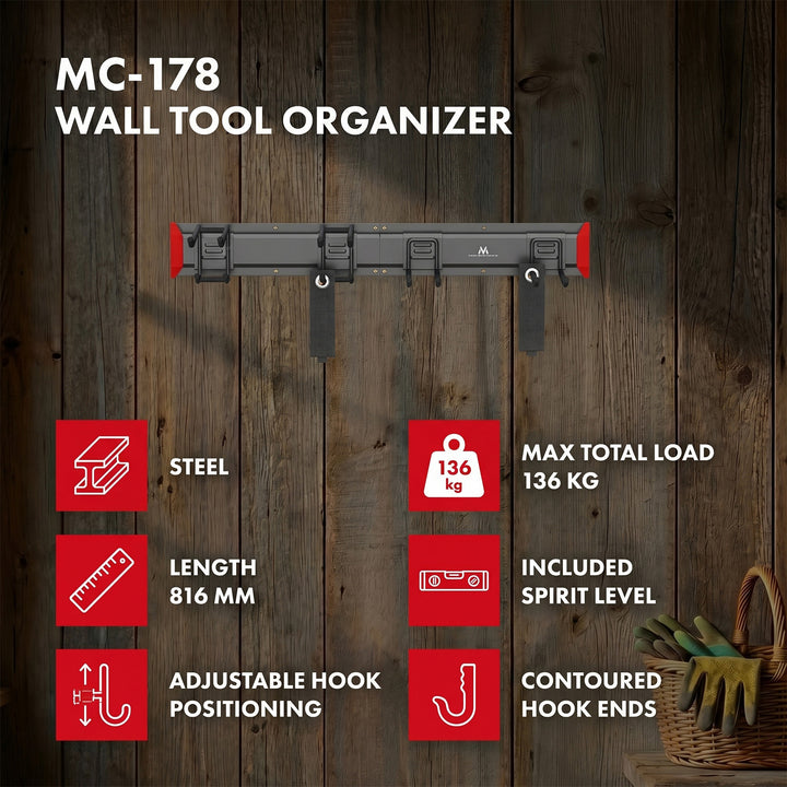 Organizer da parete per attrezzi Maclean, in acciaio, carico massimo 136 kg, larghezza 816 mm, MC-178
