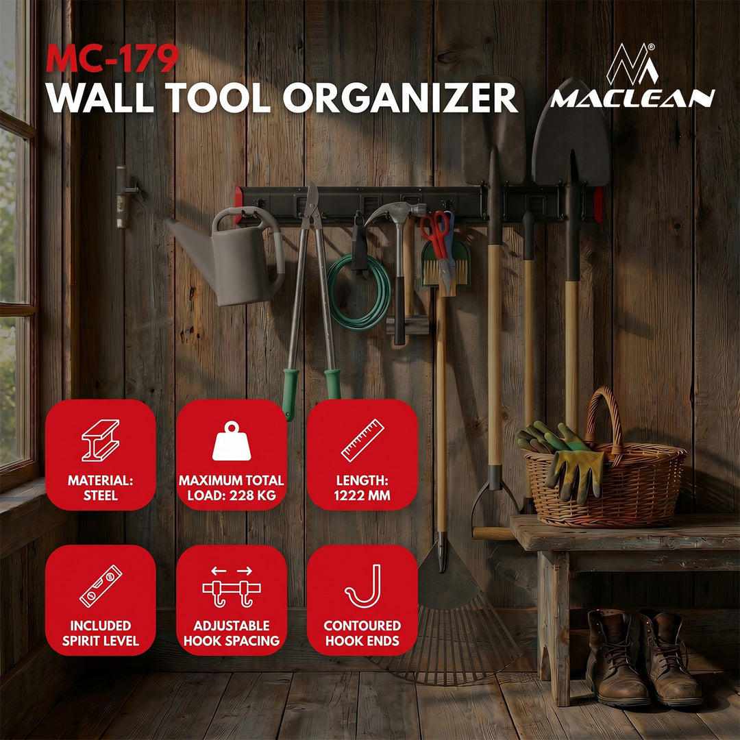 Organizer da parete per attrezzi Maclean, in acciaio, carico massimo 228 kg, larghezza 1222 mm, MC-179