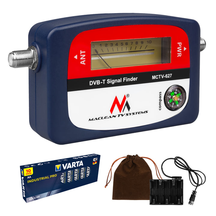Misuratore TV DVB-T Maclean, custodia, cavo 25 cm F-F, MCTV-627 + 10x batterie AA Varta Industrial
