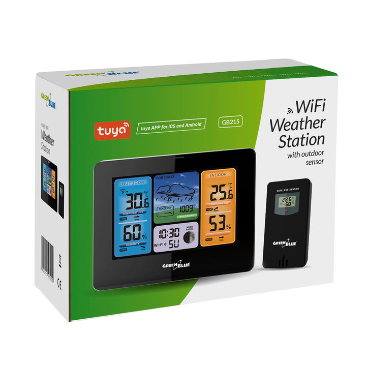 Stazione meteorologica WiFi GreenBlue, compatibile con TUYA, sensore esterno, calendario, previsioni meteo, barometro, alimentatore, batterie, GB215
