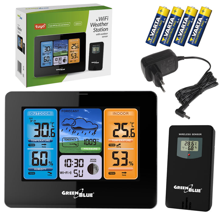 Stazione meteorologica WiFi GreenBlue, compatibile con TUYA, sensore esterno, calendario, previsioni meteo, barometro, alimentatore, batterie, GB215