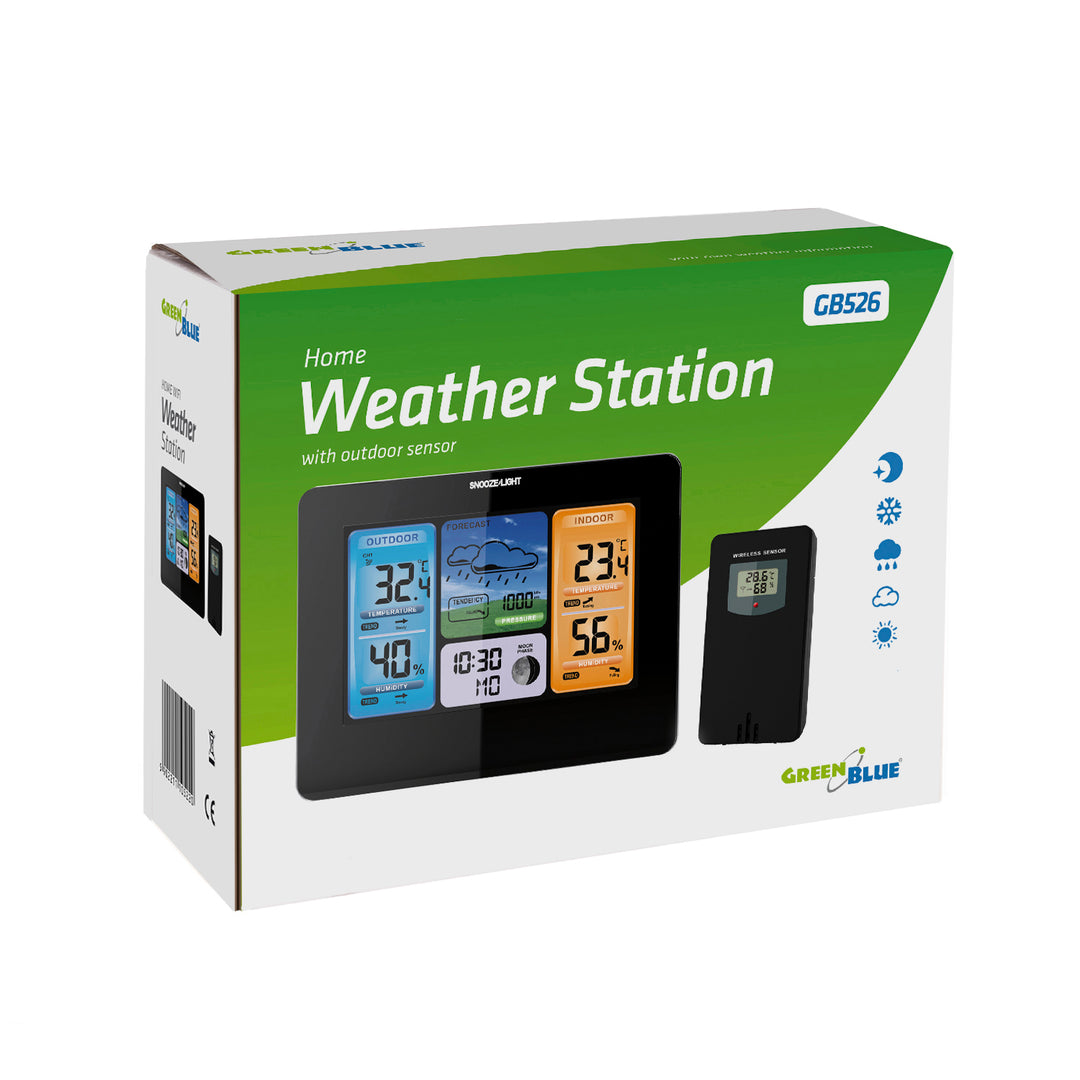 Stazione meteorologica wireless GreenBlue, a colori, con DCF, fasi lunari, alimentatore, batterie, GB526