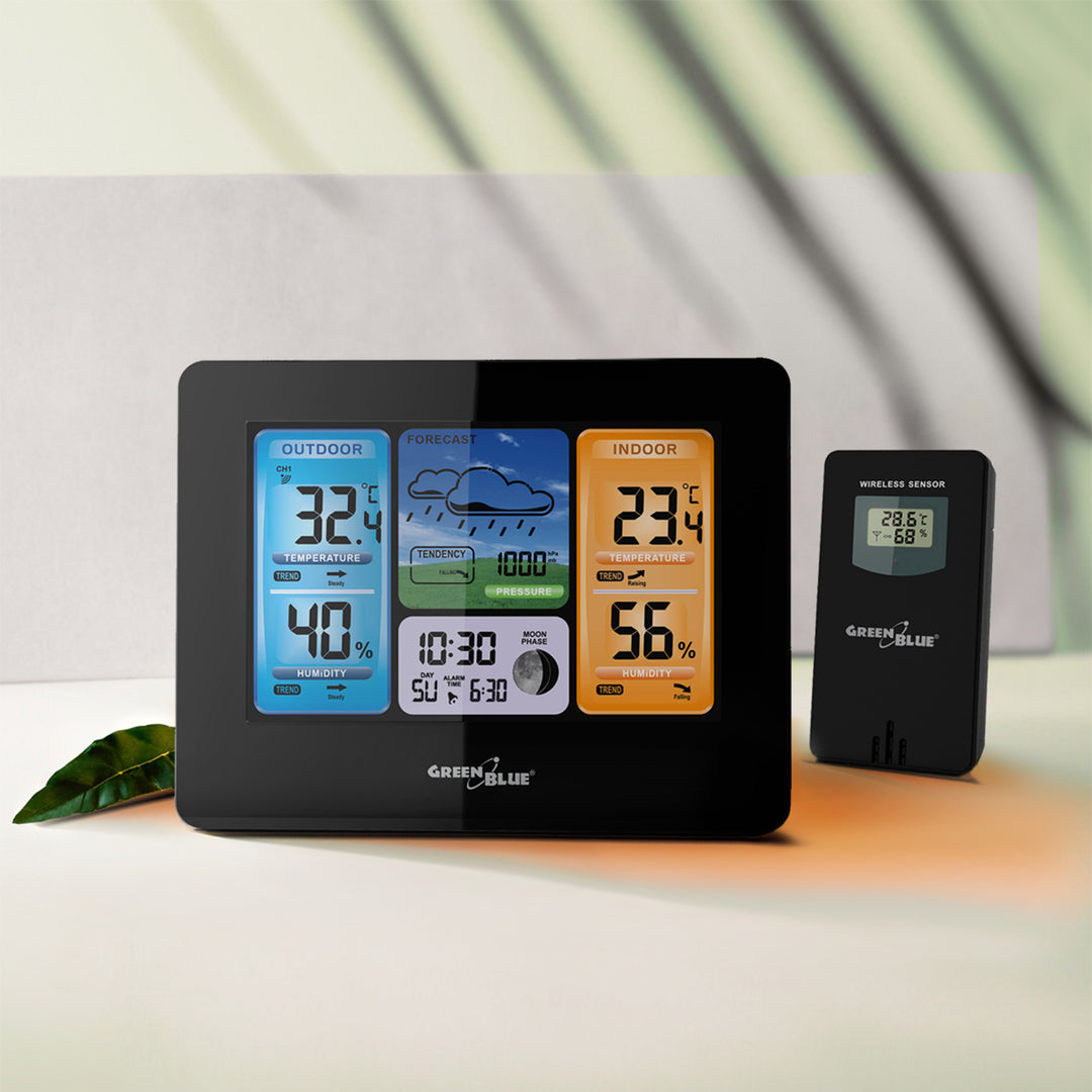 Stazione meteorologica wireless GreenBlue, a colori, con DCF, fasi lunari, alimentatore, batterie, GB526
