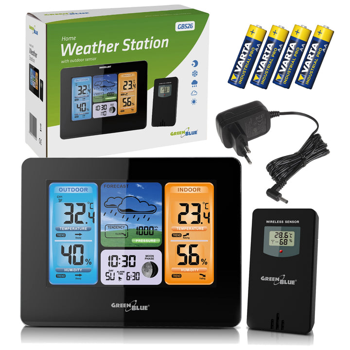 Stazione meteorologica wireless GreenBlue, a colori, con DCF, fasi lunari, alimentatore, batterie, GB526