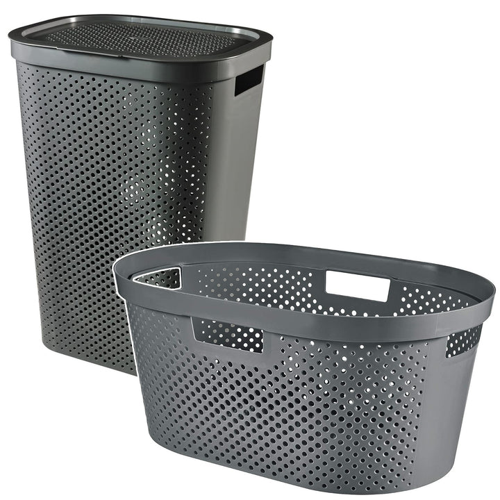 Curver Infinity Cesto per biancheria riciclata, Capacità 40L, Grigio scuro, 100% riciclato, 245675 + Curver Infinity Cesto per biancheria riciclata 60L